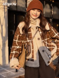 Womens Wool Blends MISHOW Winter Coat for Women Autumn Fleece Spliced Plaid Jacket Lamb Woolen Overcoat In Outerwears MXB41W0485 230915