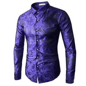 Camicie a maniche lunghe maschili di alta qualità 2021 Rosso Oro Viola Blu Camicia elegante da ricamo da uomo Moda Slim Festa di nozze Bussin264O