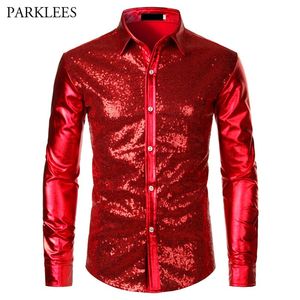 Red Metallic Sequins Glitter Shirt Men 2019 New Disco Party Halloween Costume Chemise Homme Stage Performance Shirt Male Camisa253i