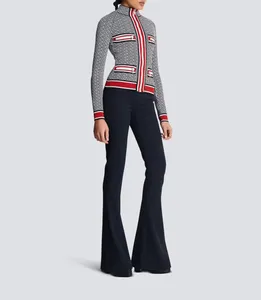 B1021 Women's Sweaters occasions Women Casual Stand Collar Zipper Pocket Geometric Jacquard Knitted Cardigan