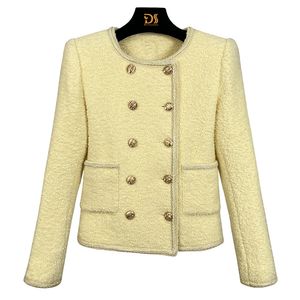 2023 Autumn Yellow Solid Color Contrast Trim Jacket Long Sleeve Round Neck Tweed Double Pockets Double-Breasted Jackets Coat Short Outwear D3S150333