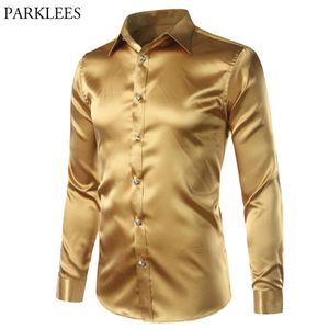 新しい金色のシルクサテンシャツの男性スリムフィット長スリーブドレスシャツメンズエミュレーションシルクシャツ男性ナイトクラブパーティープロムカミサ3xl2759