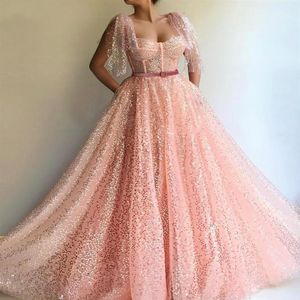 A-Line Sequin Sweetheart Pink Muslim Evening Formal Dress 2022 Short Sleeves Dubai Prom Dresses Long Gown robe de soiree de mariag2468