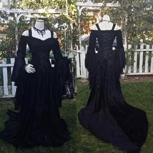 Vintage czarne gotyckie koronkowe sukienki ślubne linia średniowieczna z ramionowych pasków długie rękawy gorsetowe suknie ślubne wiktoriańskie sukienka 282a