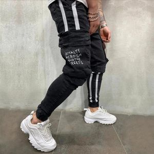 Cargo Pants Denim Men 2019 Casual Striped Big Pockets Mens Jeans Hip Hop Male Black Jeans Loose Brand Trousers jean homme D25315J