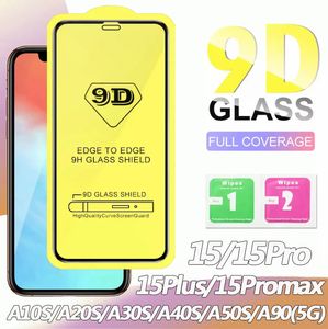 9D -täckning härdat glas fullt lim 9h skärmskydd för iPhone 15 14 plus 13 12 11 Pro Max XS XR X 8 Samsung S20 Fe S21 Plus A42 A52 A72 5G A51 A71 A21S Huawei utan paket