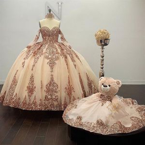 Блестящее бальное платье из розового золота, платья Quinceanera, длинные рукава, с открытыми плечами, блестки, аппликация, платье Sweet 16, вечерняя одежда2309