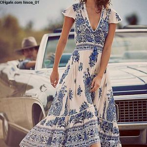 Qualidade feminina alta sexy decote em v maxi boho vestido floral verão praia coquetel longo vestido de verão