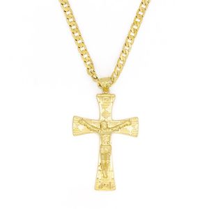 Solidny 10 -karowy żółty złoto wypełniony Jezus szeroki krzyż Charm Big Pendant 55 35 mm z 24 Miami Cuban Chain 600 5mm256i