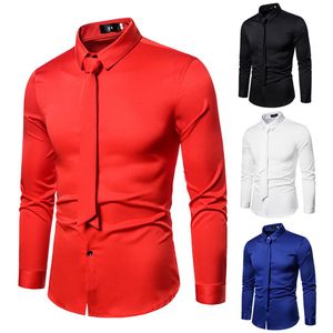 Fashion Red Shirts Men Long Sleeve Hairdresser Nightclub Bar Mens Slim Fit Stylist Satin Shirt With Tie Men's Large Size S-5x2564