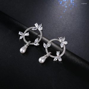 Stud Earrings Fashion High Quality Simulated Pearl With Tiny CZ Cubic Zirconia Flower Punk Christmas Gift Jewelry