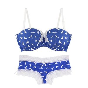 BRAS SETS MIAOERSIDAI SEXY GIRLS BH SET Flying Bird Blue Printed Underwear Lace Bralette och kort vadderad har liten storlek 28-36 A277X