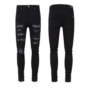 Чисто черные узкие джинсы Hommes Мужские брюки из эластичного хлопкового денима с нашивками