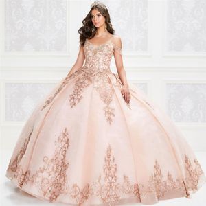 Rose Gold Quinceanera Dresses with Beading Lace Up Ball Gown Prom Gowns Corset Back Vestido De Festa Sweet 16 Dress Custom Made342W