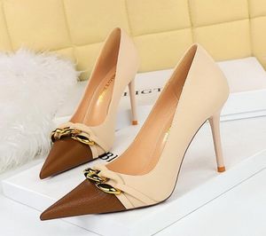 Women 10cm High Fashion Banquet Slim Ultra High Heels Shallow Mouth Pointed splicing Leather Shoes