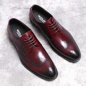 Dress Shoes Luxury Men Oxford Italian Burgundy Black Genuine Leather Pointed Toe Lace Up Wedding Office Formal Brogue