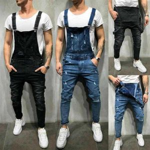 2021 de alta qualidade estilo britânico dos homens denim calças babadores macacões comprimento total hip hop rasgado jeans macacão para homem streetwear 282j