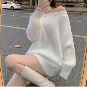 Frauenpullover 2023 Herbst Koreanische Strickwaren Frauen Sexy Halter Kreuz Kalte Schulter Weiß Gestrickte Pullover Elegante Lose Übergroßen Pullover