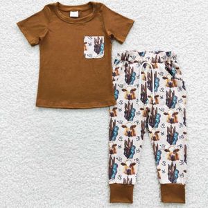 Clothing Sets Wholesale Boys Cactus Bull Head Brown Pocket Short Sleeve Pant Set For Baby Boy Clothes Western Boutique Kids Outfit