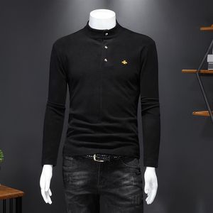 Warm men's tops bee embroidery long-sleeved T-shirts autumn and winter slim-fit buttons thin sections plus velvet and thicken2383