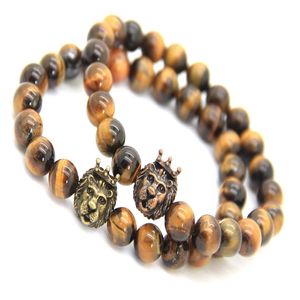 2016 novo design pulseiras masculinas inteiras 8mm contas de pedra olho de tigre natural com coroa cabeça de leão pulseiras festa giftbracele304a