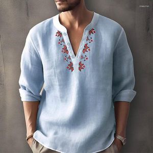 Camisas masculinas primavera verão solto com decote em v único breasted camisa roupas para masculino casual topos moda floral impressão manga longa