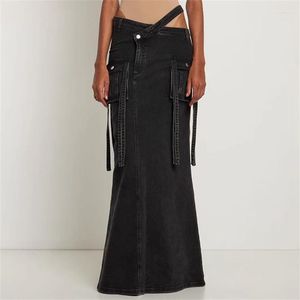 Saias Vestidos de Verão para Mulheres 2023 Moda Coreana Cintura Baixa Oca Out Split Fishtail Saia Algodão Denim Mulheres Meio Comprimento