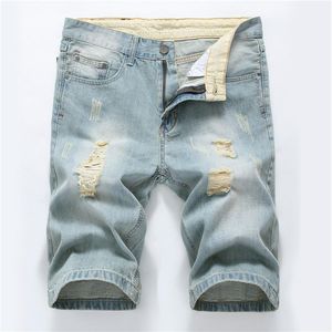 Jeans masculinos denim shorts homens usam clássico curto marca roupas algodão elasticidade verão hip-hop rasgado azul cinza248c