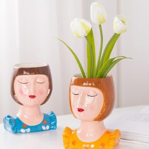 Vases Portrait Sculpture Ornament Home Decor Ceramics Art Statue Vase Flower Pot Plant Bonsai Garden Porcelain Arrangement Container