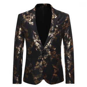 Ternos masculinos blazers homens um botão folha de ouro carimbo dourado floral impresso terno clube palco casamento esporte magro formal ajuste c220n