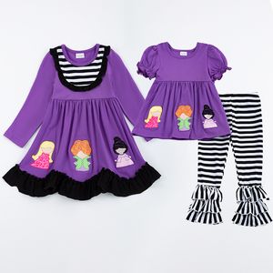 Dopasowane rodzinne stroje Girlymax Halloween Fall Baby Baby Butique Ubrania Stripe Bawełna czarownica Haftowa sukienka Palenki Zestaw 230915