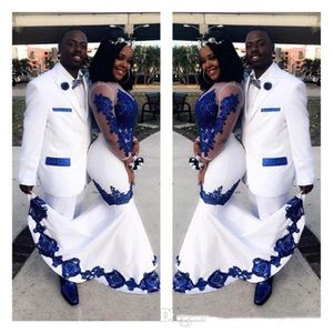 White Satin Royal Blue Lace Aso Ebi African Prom Dresses Long Illusion Sleeves Applique Evening Formal Gowns Pageant Celebrity Dre219d