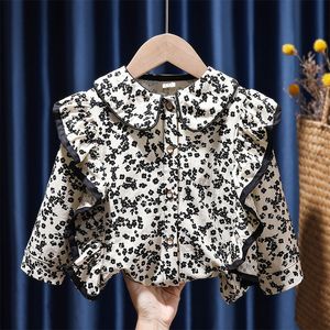 Crianças camisas moda floral impressão peter pan colar emenda agaric borda camisa menina roupas primavera outono contraste cor botão blusa 230915