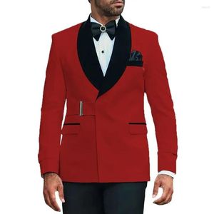 Ternos masculinos vermelhos, 2 peças, design de fivela, duplo breasted, xale, lapela, roupas, casamento, noivo, baile, smoking, casaco sob medida, calça