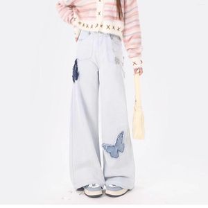 Women's Jeans Washed Light Blue Ragged Edge For Women With Butterfly Patch Design High Waist Loose Straight Leg Wide Pants