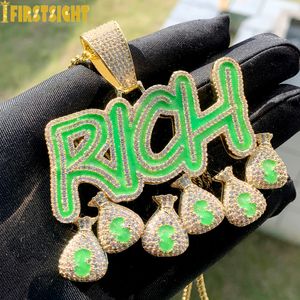 Colares Pingente Iced Out Bling CZ Carta Rich Pingente Colar Zircon Dólar Sinal Verde Fluorescenc Dinheiro Saco Charme Homens Hip Hop Jóias 230915