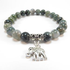 SN1120 Sacred Elephant Mala Armband Healing Mala Yoga Jewelry Moss Agate Zen Pärlad armband Julklapp328U
