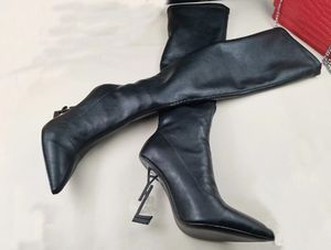 Elegant designer Opyum Black Leather Knee Boots Round Toe High Heels Zip Chunky Heels Sexiga kvinnor Booty Ladies Bottes Booties EU35-43 Box