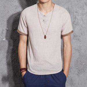 Todo o verão moda masculina casual camisas de linho manga curta com decote em v branco blusa básica estilo chinês fino topos masculino plus size M-52671