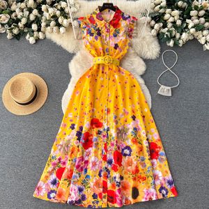 カジュアルドレス新しいレトロコートノースリーブ薄い花柄の花柄のマキシドレス女性シングル胸パーティー服Vestidos devera286w