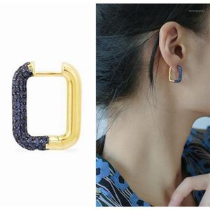 Hoop Huggie One Tiefblaue, quadratische Ohrringe, gepflastert, orangefarbene Zirkonia-Steine, geometrisch, Gelbgold, Damen, Hochzeit, Party, Schmuck12528