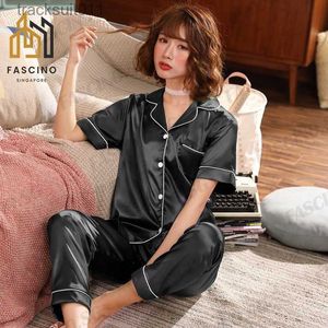 Mulheres Pijamas SGSilk Cetim Mulheres Pijamas Loungewear Set Notch Collar Manga Curta com Calças Curtas Longas L230918