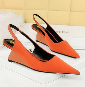 Women Wedges Heels 2023 New Women Pumps Hollow Back Strap High Heels Silk Satin Female Shoes Fashion Lady Heels
