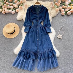 Casual Dresses French Vintage Denim Dress Lace Up Mesh Patchwork Turn-down Collar Lantern Sleeve Long Maxi Slim Vestidos S63307