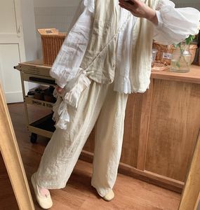 Kvinnors byxor 2023 Autumn Retro Literature Lazy Loose Linen Wide Leg Cotton Ryish