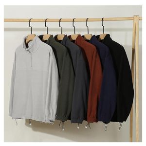 Herrtröjor Korea Stylish Sweatshirts Solid Color Full Sleeve Casual Loose DrawString Half-Zip Warm Fleece Male Clothing C5376