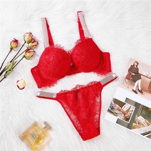 Sexy Women Lace Bra Set VS Rhinestone Letters Two-piece Intimate Diamond Push-up Elegant Ladies Q0705227P