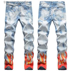 Mens Jeans Men Slim Fit Ripped Jeans 3D Printed Hole Destroyed Skinny Straight Leg Washed Frayed Motocycle Denim Pants Hip Hop Stretch Biker Mens Distressed Trousers