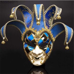 Kostymtillbehör Full Face Men Venetian Theatre Jester Joker Masquerade Mask med Bells Mardi Gras Party Ball Halloween Cosplay Mask Costume Y200103 L230918