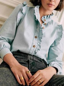 Blusas femininas Rowling Espelho Chic Elegante Ruffle Collar Denim Camisa de Algodão Mulheres Manga Longa Botão Vintage Office Lady